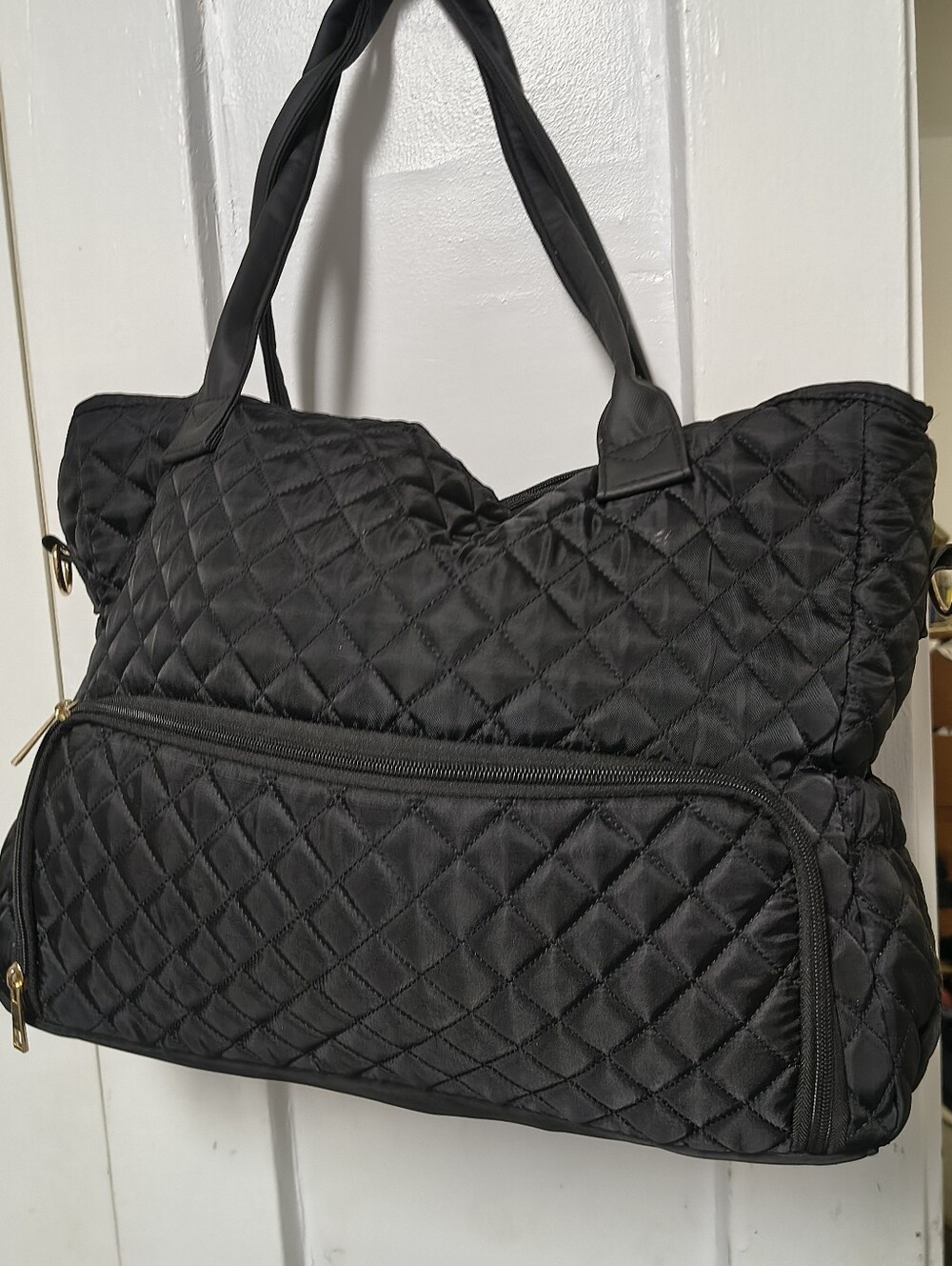 Black Quilted Nylon Weekender Tote Bag – Diamond Stitch, Gold Hardware, Travel/D